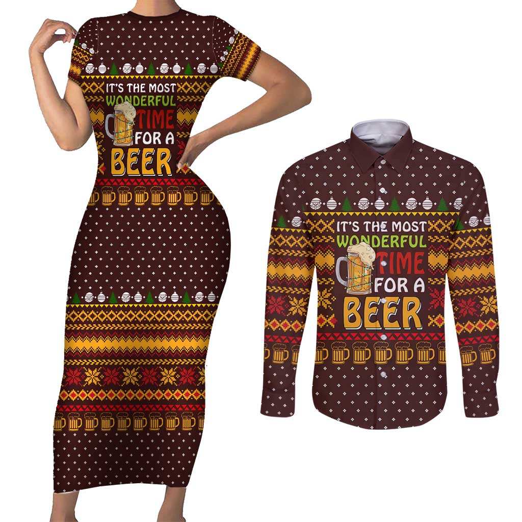 Christmas Its The Most Wonderful Time For A Beer Couples Matching Short Sleeve Bodycon Dress and Long Sleeve Button Shirt Xmas Holiday Patterns - Wonder Print Shop