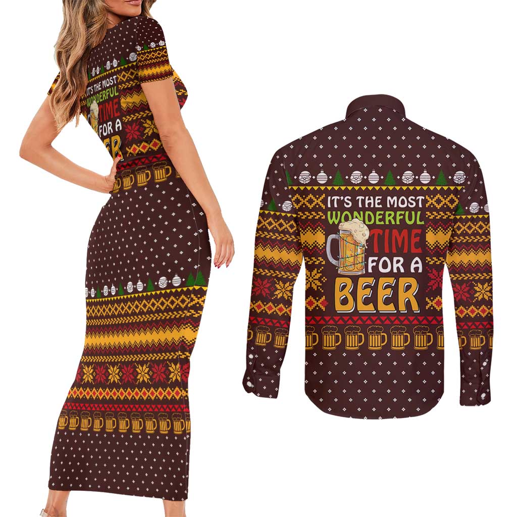 Christmas Its The Most Wonderful Time For A Beer Couples Matching Short Sleeve Bodycon Dress and Long Sleeve Button Shirt Xmas Holiday Patterns - Wonder Print Shop