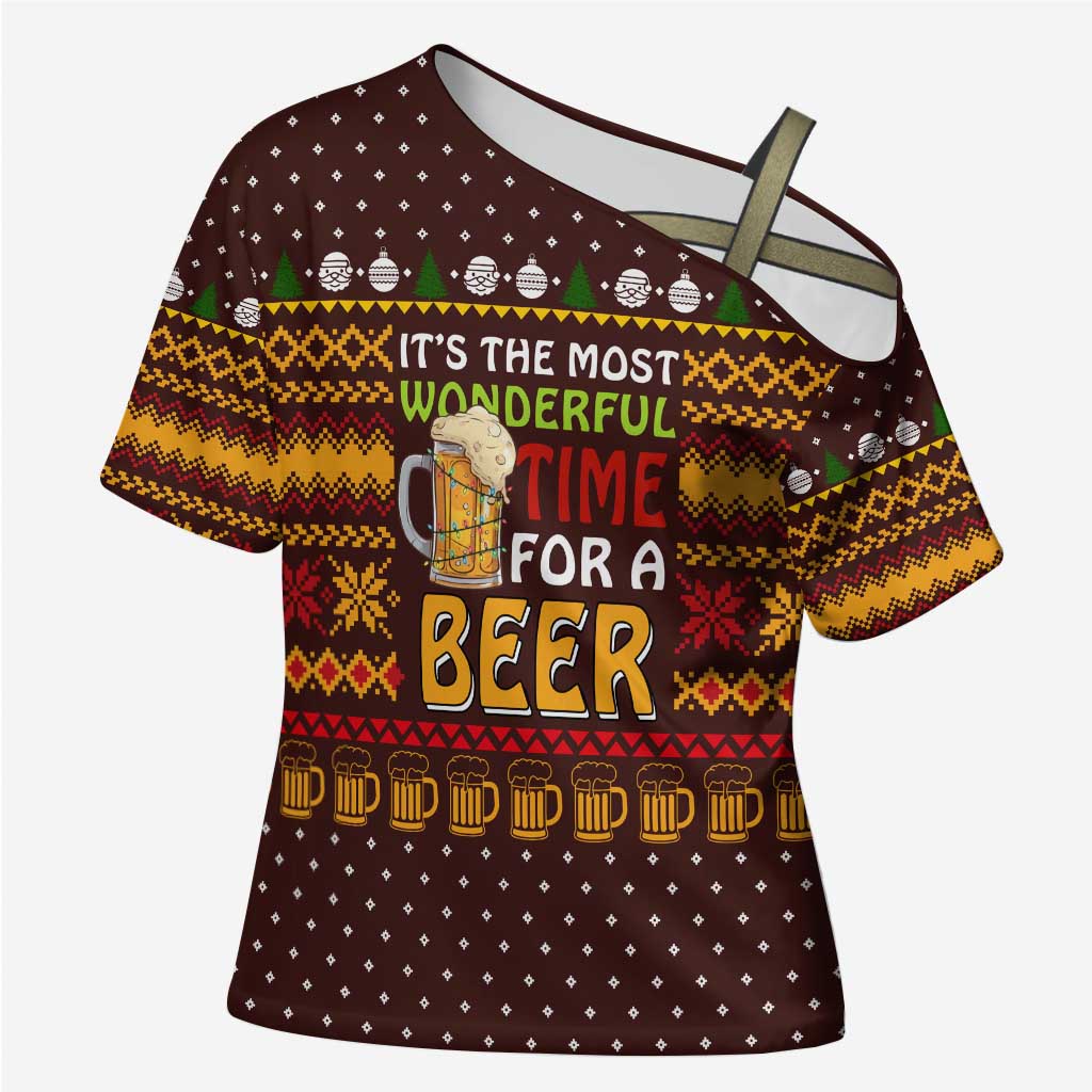 Christmas Its The Most Wonderful Time For A Beer Cross Shoulder Shirt Xmas Holiday Patterns - Wonder Print Shop