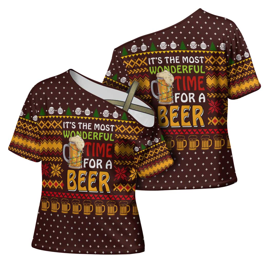 Christmas Its The Most Wonderful Time For A Beer Cross Shoulder Shirt Xmas Holiday Patterns - Wonder Print Shop