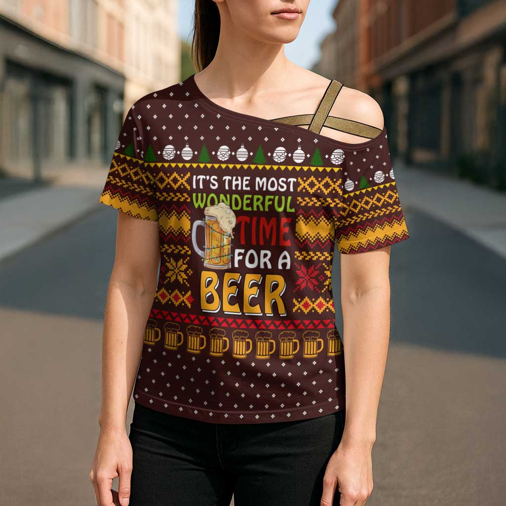 Christmas Its The Most Wonderful Time For A Beer Cross Shoulder Shirt Xmas Holiday Patterns - Wonder Print Shop