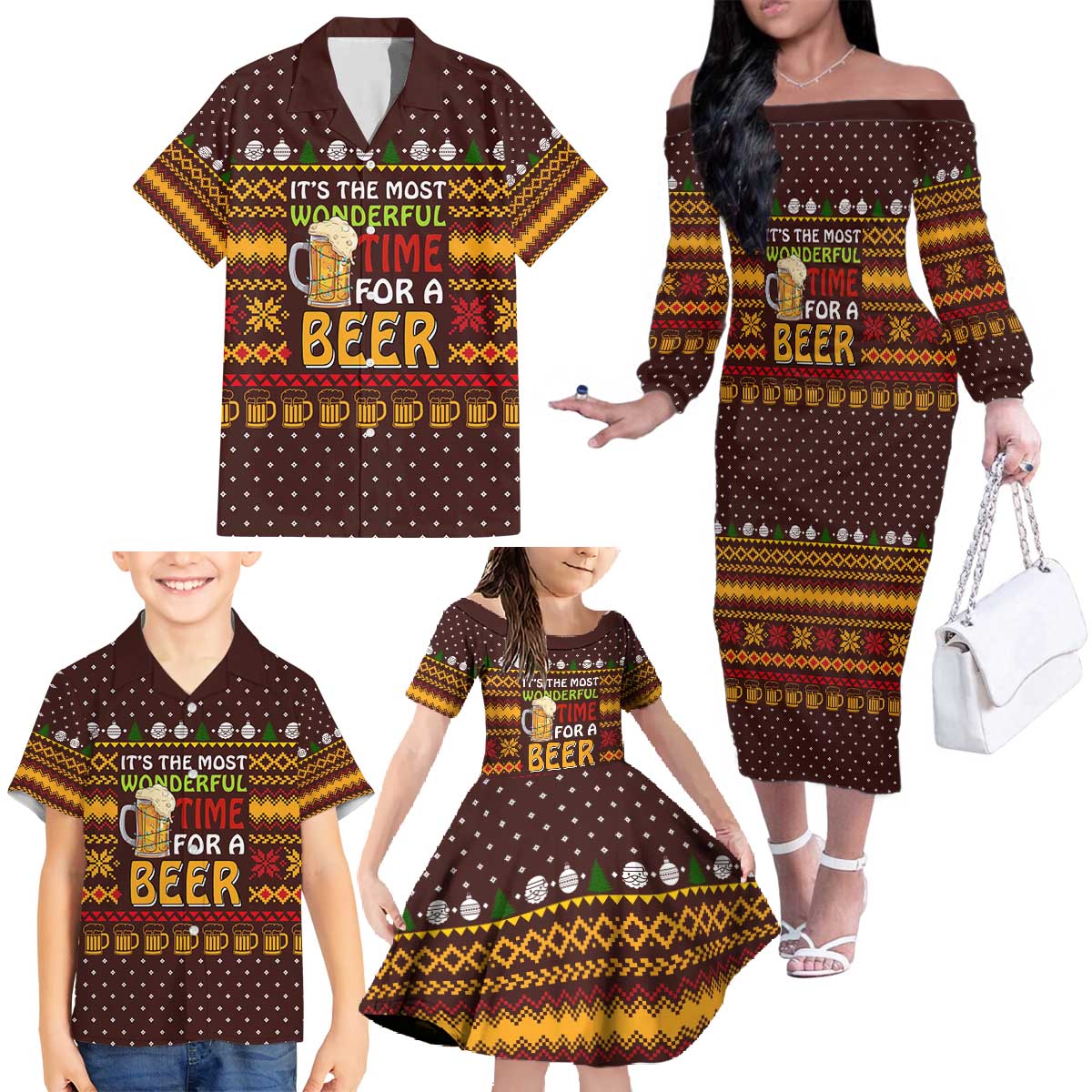 Christmas Its The Most Wonderful Time For A Beer Family Matching Off The Shoulder Long Sleeve Dress and Hawaiian Shirt Xmas Holiday Patterns - Wonder Print Shop