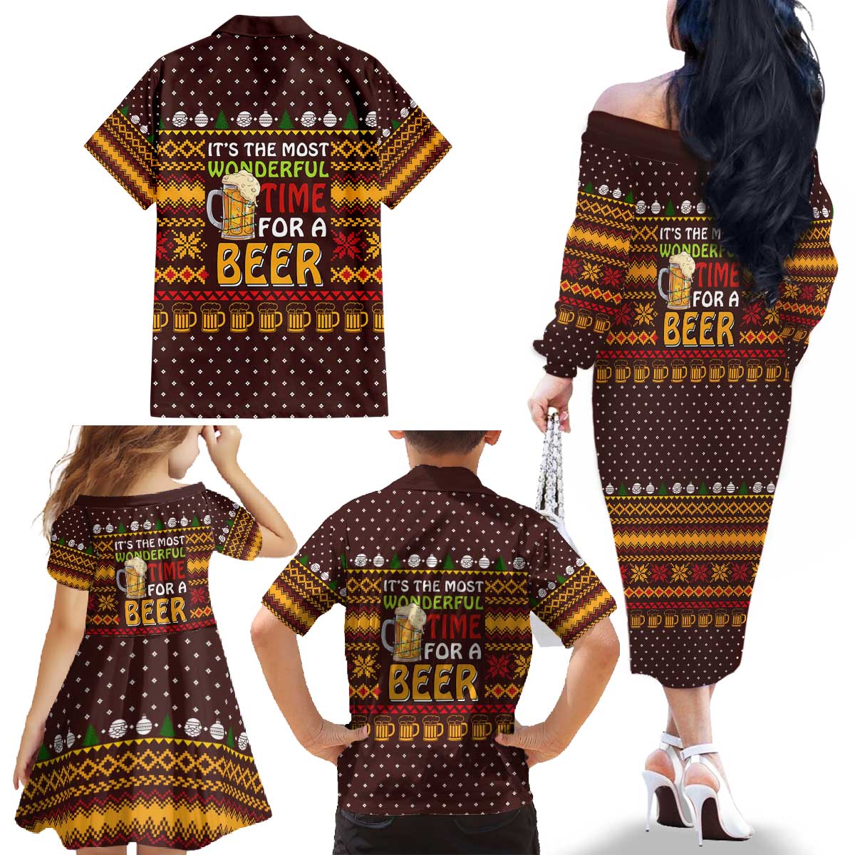 Christmas Its The Most Wonderful Time For A Beer Family Matching Off The Shoulder Long Sleeve Dress and Hawaiian Shirt Xmas Holiday Patterns - Wonder Print Shop