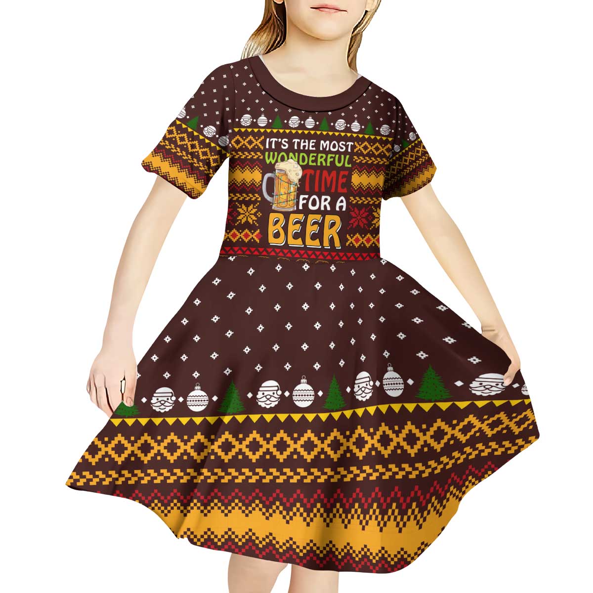 Christmas Its The Most Wonderful Time For A Beer Kid Short Sleeve Dress Xmas Holiday Patterns - Wonder Print Shop