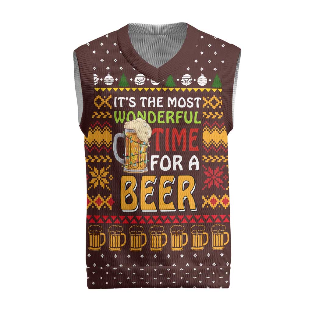 Christmas Its The Most Wonderful Time For A Beer Christmas Knitted V-Neck Vest Xmas Holiday Patterns - Wonder Print Shop