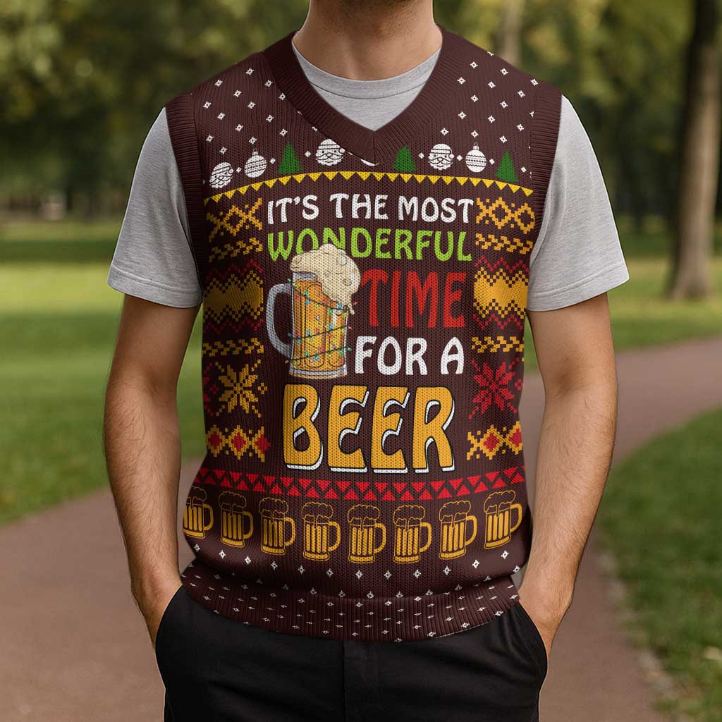 Christmas Its The Most Wonderful Time For A Beer Christmas Knitted V-Neck Vest Xmas Holiday Patterns - Wonder Print Shop