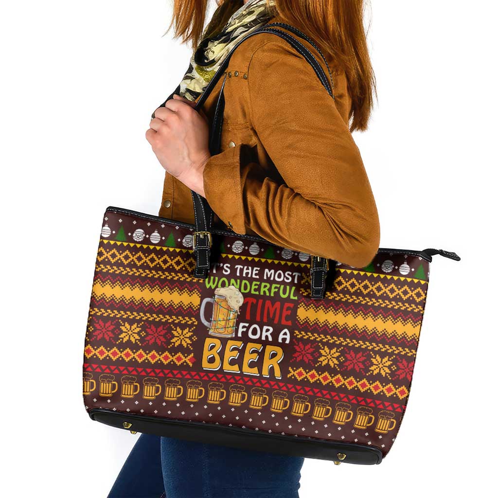 Christmas Its The Most Wonderful Time For A Beer Leather Tote Bag Xmas Holiday Patterns - Wonder Print Shop