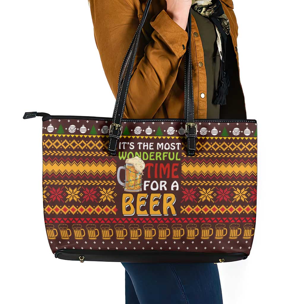 Christmas Its The Most Wonderful Time For A Beer Leather Tote Bag Xmas Holiday Patterns - Wonder Print Shop