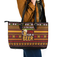 Christmas Its The Most Wonderful Time For A Beer Leather Tote Bag Xmas Holiday Patterns - Wonder Print Shop