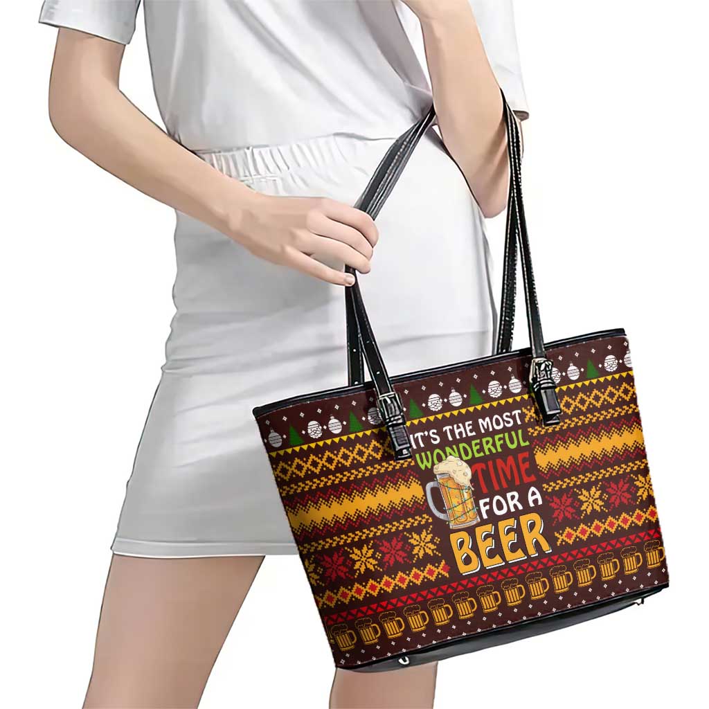 Christmas Its The Most Wonderful Time For A Beer Leather Tote Bag Xmas Holiday Patterns - Wonder Print Shop