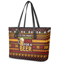 Christmas Its The Most Wonderful Time For A Beer Leather Tote Bag Xmas Holiday Patterns - Wonder Print Shop