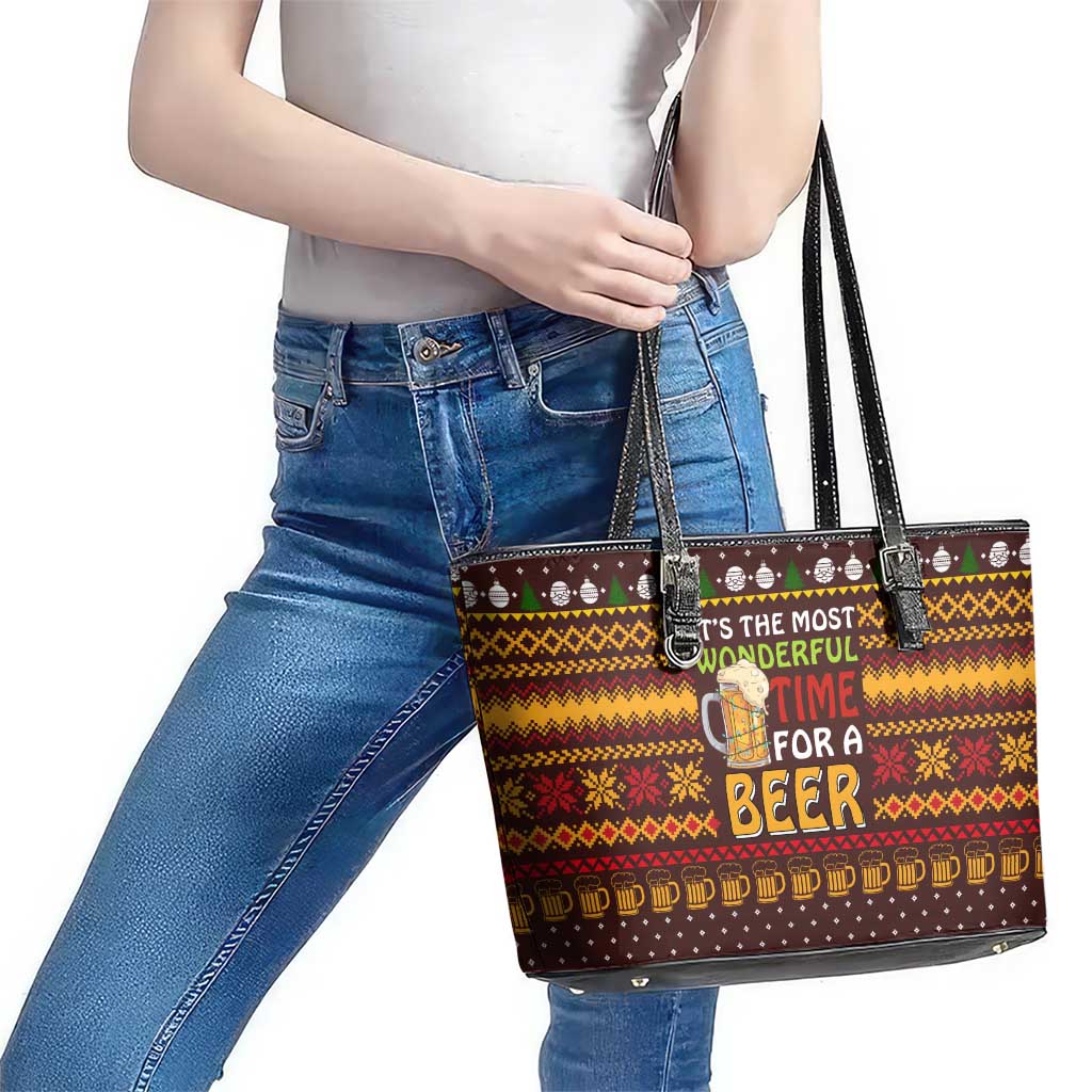 Christmas Its The Most Wonderful Time For A Beer Leather Tote Bag Xmas Holiday Patterns - Wonder Print Shop