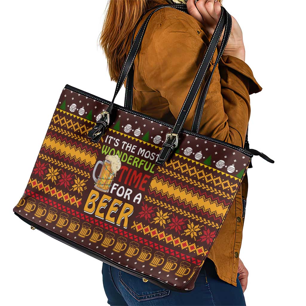 Christmas Its The Most Wonderful Time For A Beer Leather Tote Bag Xmas Holiday Patterns - Wonder Print Shop