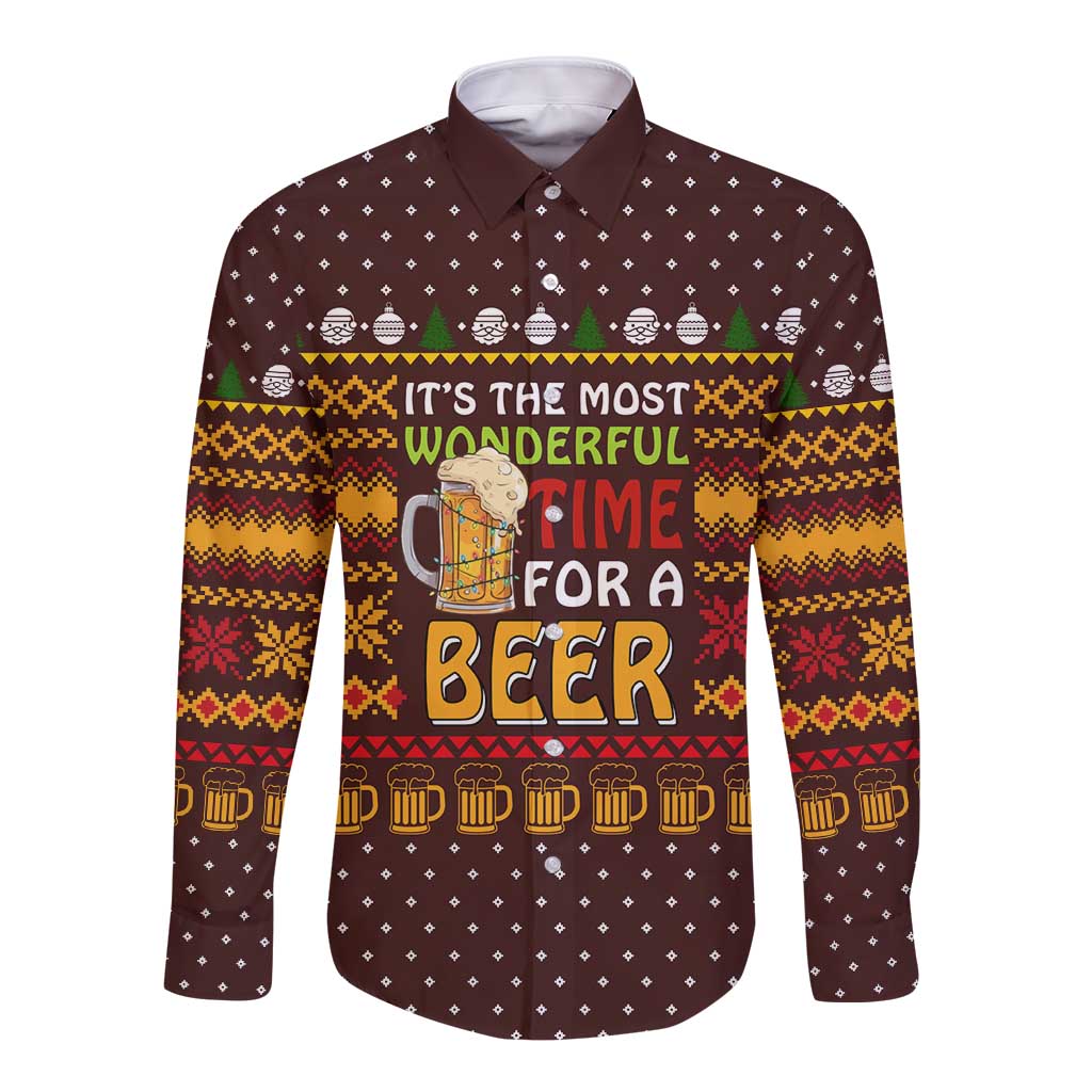 Christmas Its The Most Wonderful Time For A Beer Long Sleeve Button Shirt Xmas Holiday Patterns - Wonder Print Shop