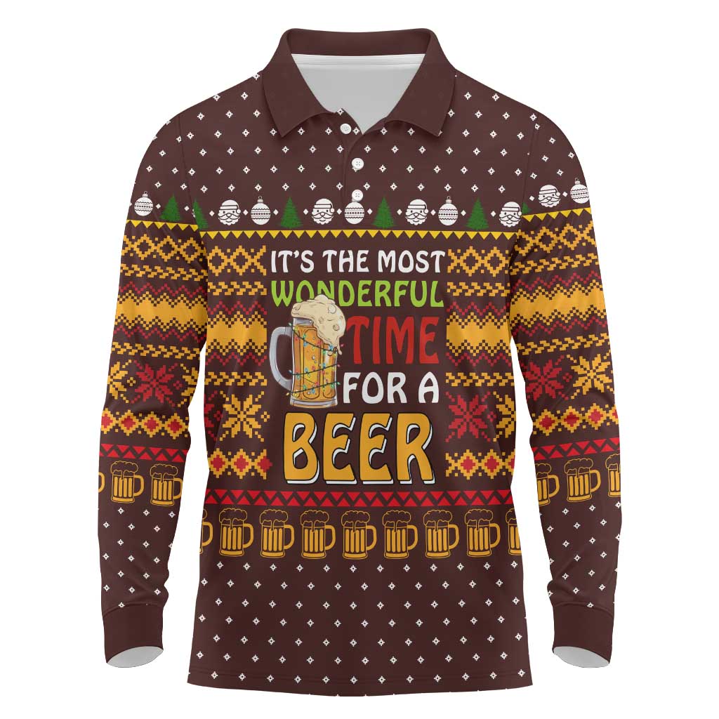 Christmas Its The Most Wonderful Time For A Beer Long Sleeve Polo Shirt Xmas Holiday Patterns - Wonder Print Shop