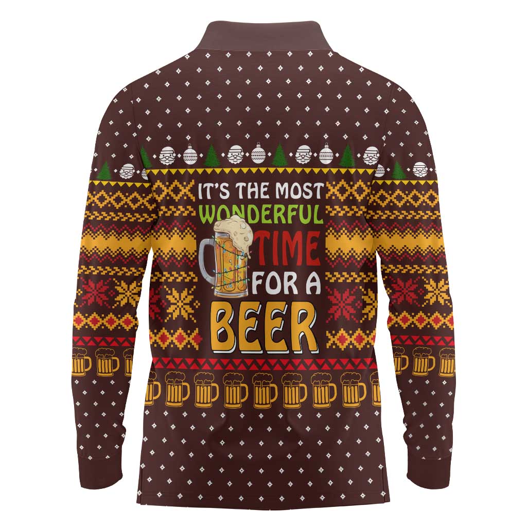 Christmas Its The Most Wonderful Time For A Beer Long Sleeve Polo Shirt Xmas Holiday Patterns - Wonder Print Shop