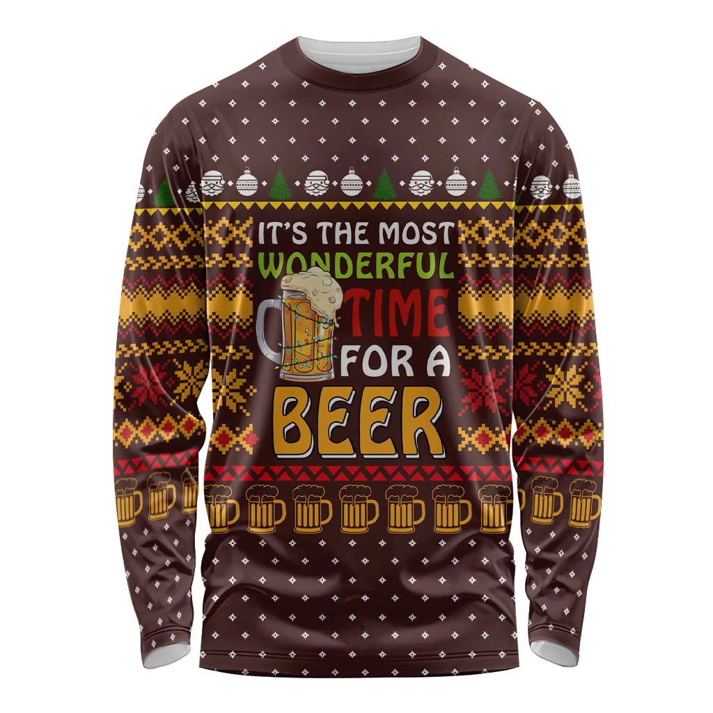 Christmas Its The Most Wonderful Time For A Beer Long Sleeve Shirt Xmas Holiday Patterns - Wonder Print Shop