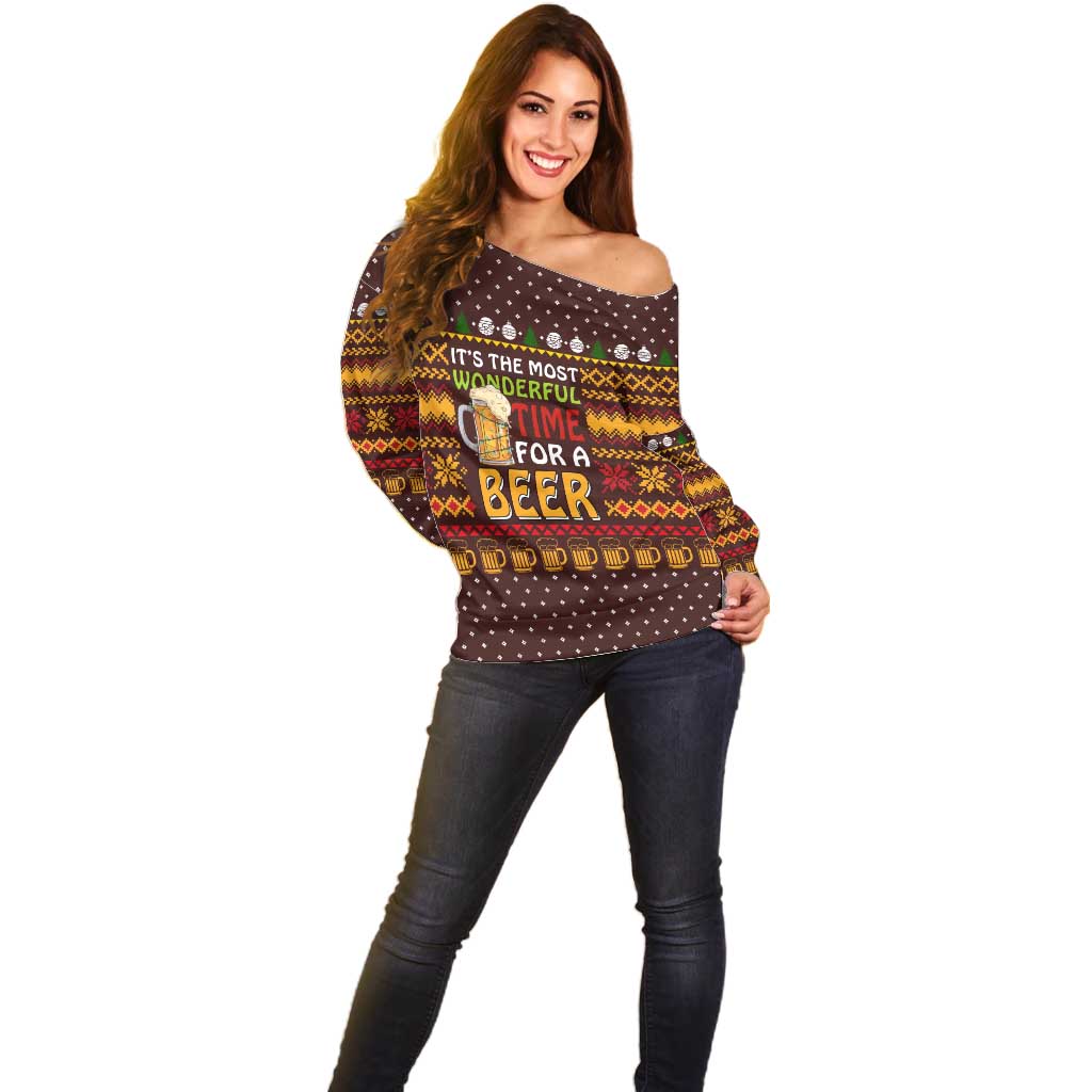 Christmas Its The Most Wonderful Time For A Beer Off Shoulder Sweater Xmas Holiday Patterns - Wonder Print Shop