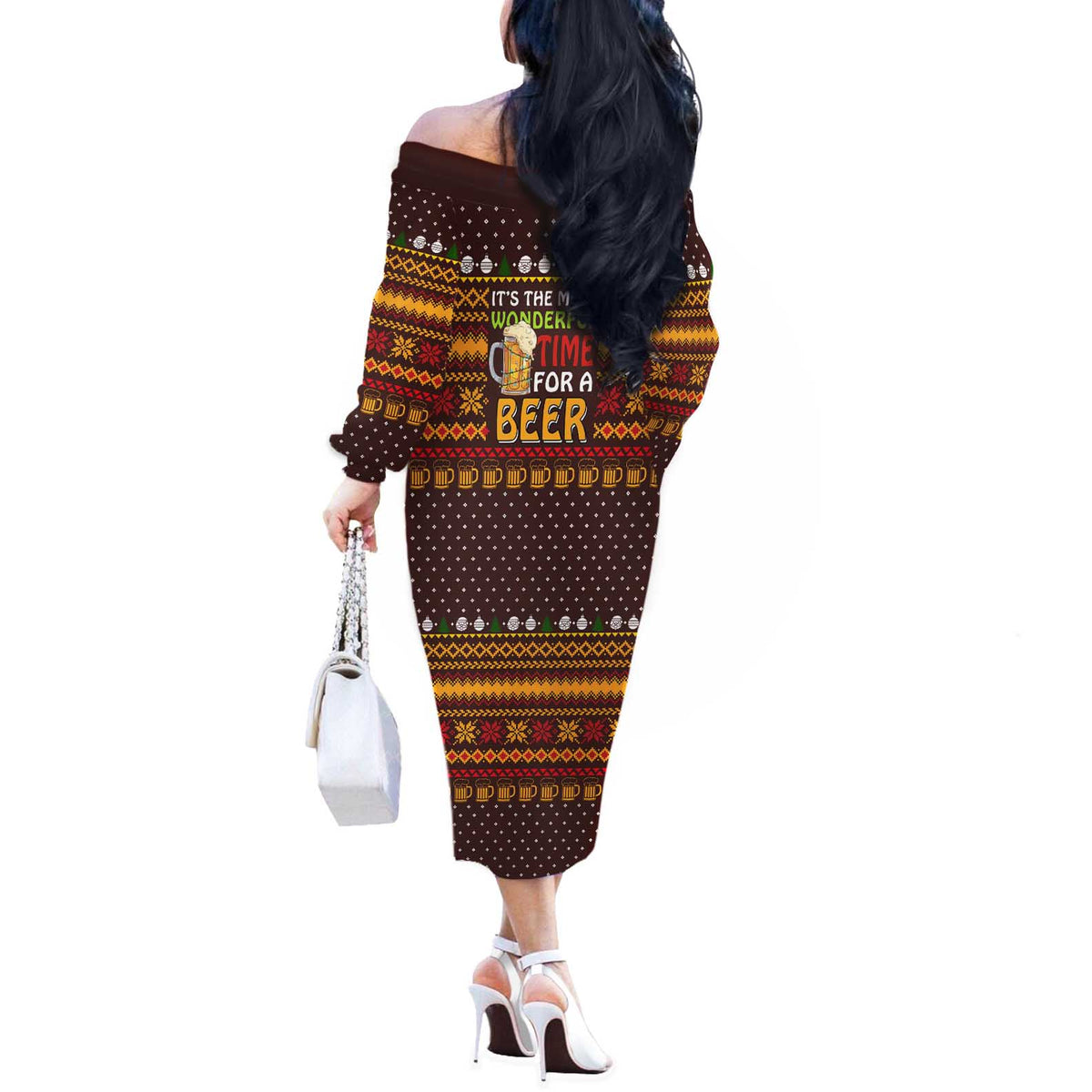 Christmas Its The Most Wonderful Time For A Beer Off The Shoulder Long Sleeve Dress Xmas Holiday Patterns - Wonder Print Shop