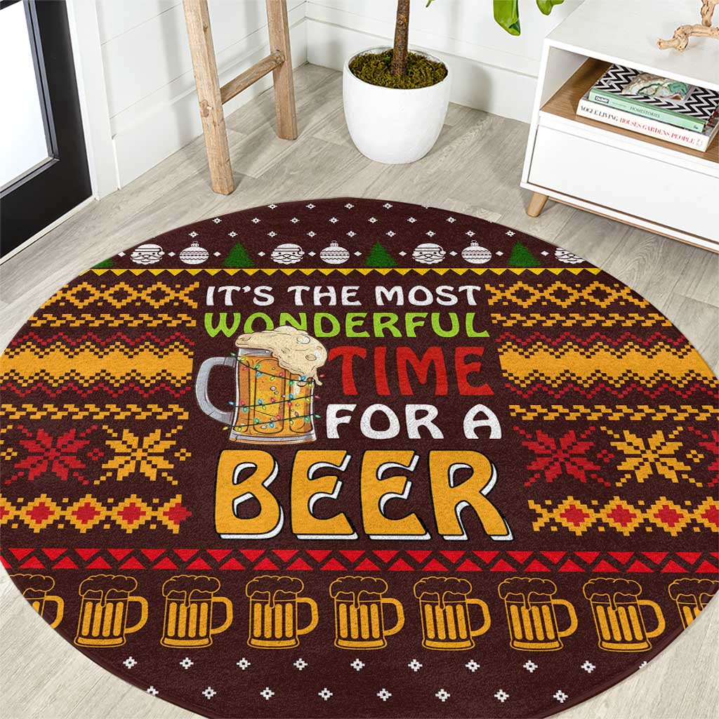 Christmas Its The Most Wonderful Time For A Beer Round Carpet Xmas Holiday Patterns - Wonder Print Shop