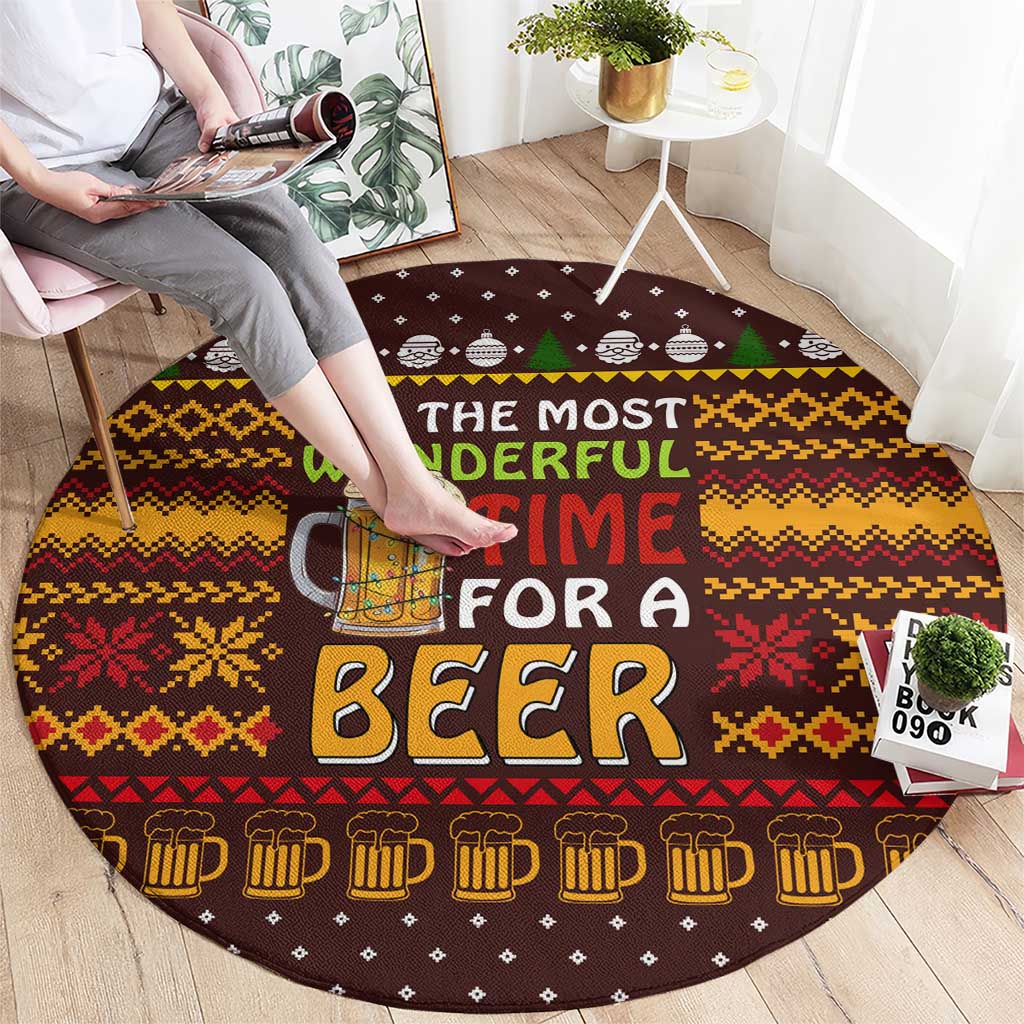 Christmas Its The Most Wonderful Time For A Beer Round Carpet Xmas Holiday Patterns - Wonder Print Shop