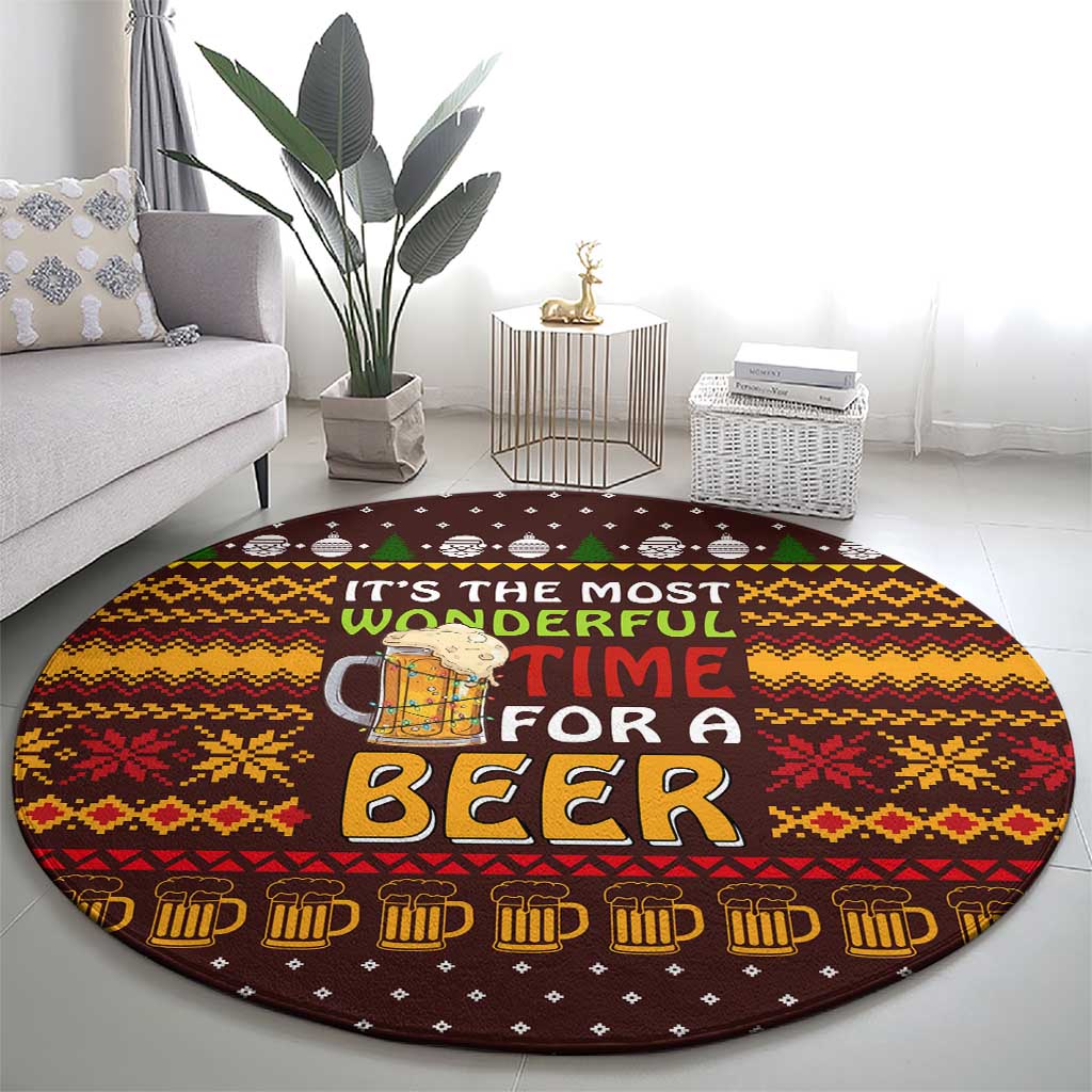 Christmas Its The Most Wonderful Time For A Beer Round Carpet Xmas Holiday Patterns - Wonder Print Shop
