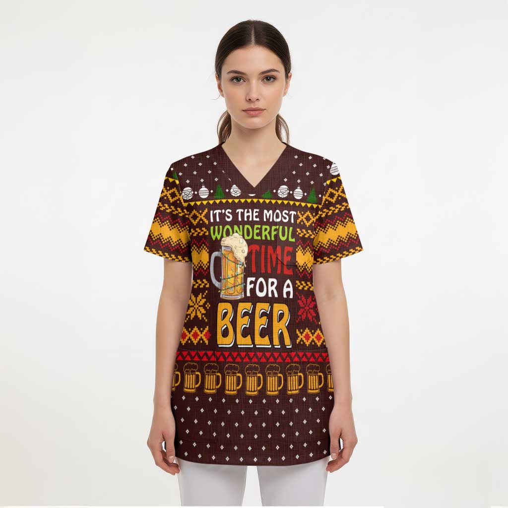 Christmas Its The Most Wonderful Time For A Beer Scrub Top Xmas Holiday Patterns - Wonder Print Shop