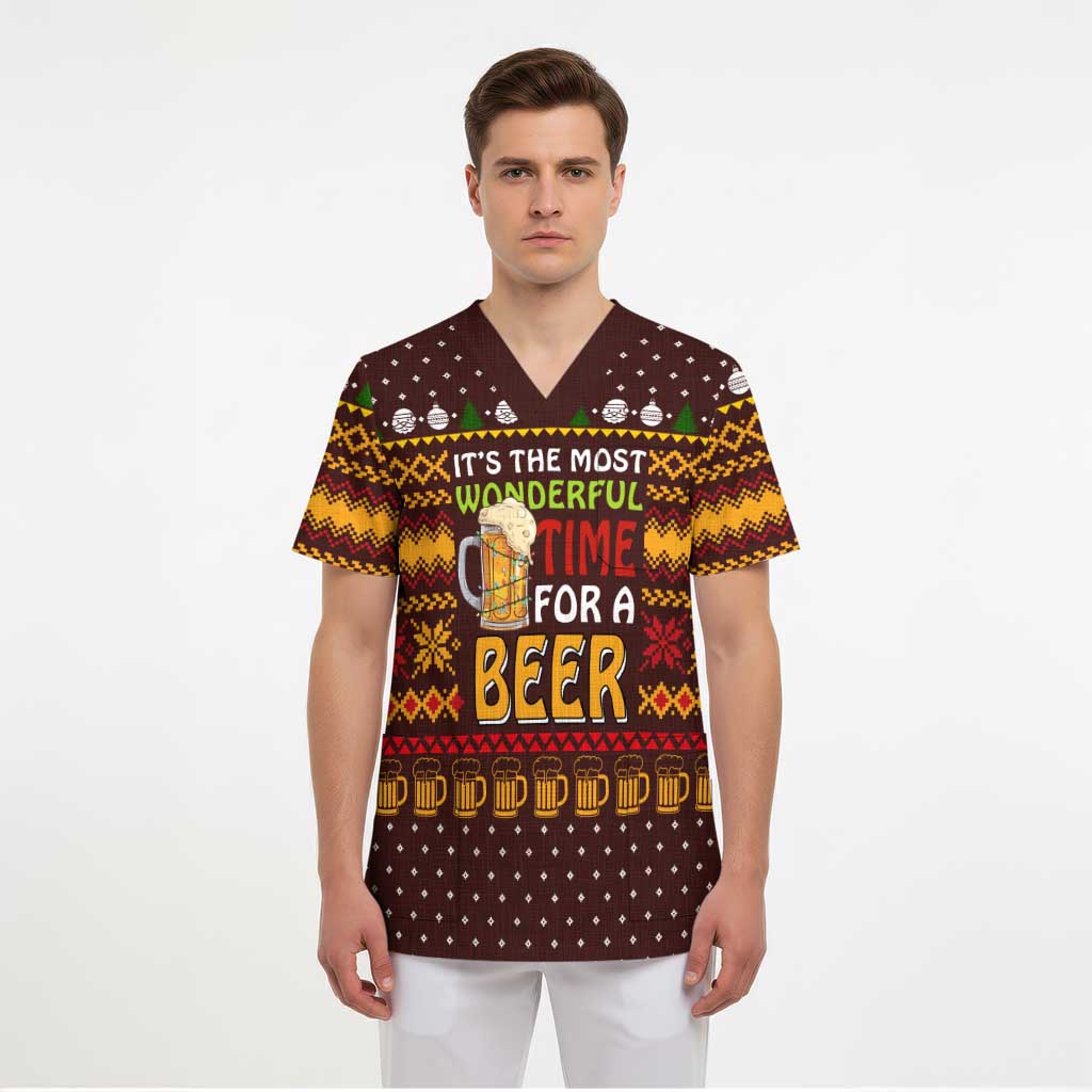 Christmas Its The Most Wonderful Time For A Beer Scrub Top Xmas Holiday Patterns - Wonder Print Shop