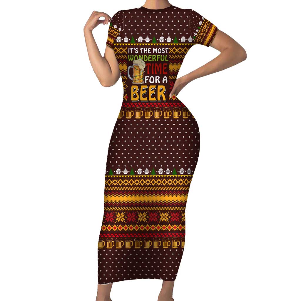 Christmas Its The Most Wonderful Time For A Beer Short Sleeve Bodycon Dress Xmas Holiday Patterns - Wonder Print Shop