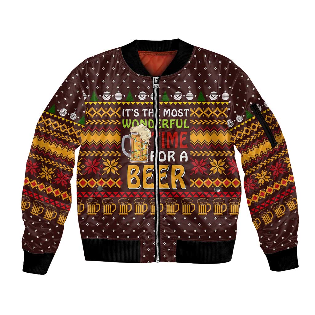 Christmas Its The Most Wonderful Time For A Beer Sleeve Zip Bomber Jacket Xmas Holiday Patterns - Wonder Print Shop
