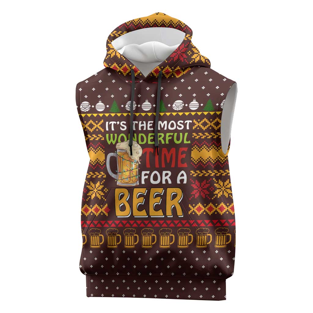 Christmas Its The Most Wonderful Time For A Beer Sleeveless Hoodie Xmas Holiday Patterns - Wonder Print Shop