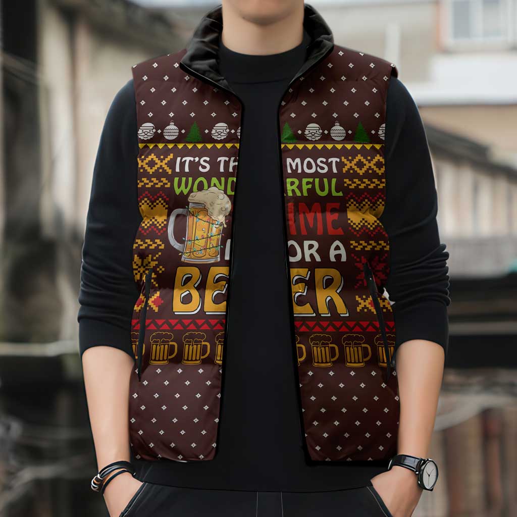 Christmas Its The Most Wonderful Time For A Beer Sleeveless Puffer Jacket Xmas Holiday Patterns - Wonder Print Shop