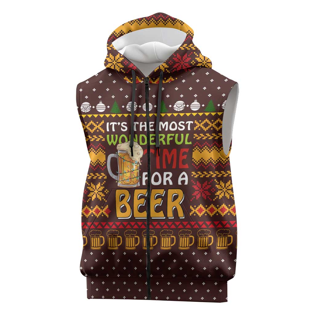 Christmas Its The Most Wonderful Time For A Beer Sleeveless Zip Hoodie Xmas Holiday Patterns - Wonder Print Shop