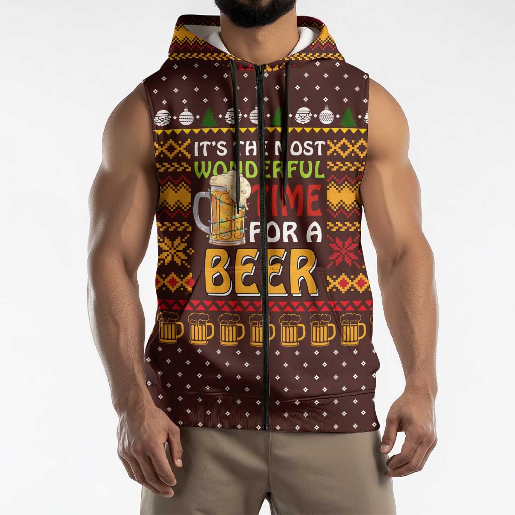 Christmas Its The Most Wonderful Time For A Beer Sleeveless Zip Hoodie Xmas Holiday Patterns - Wonder Print Shop