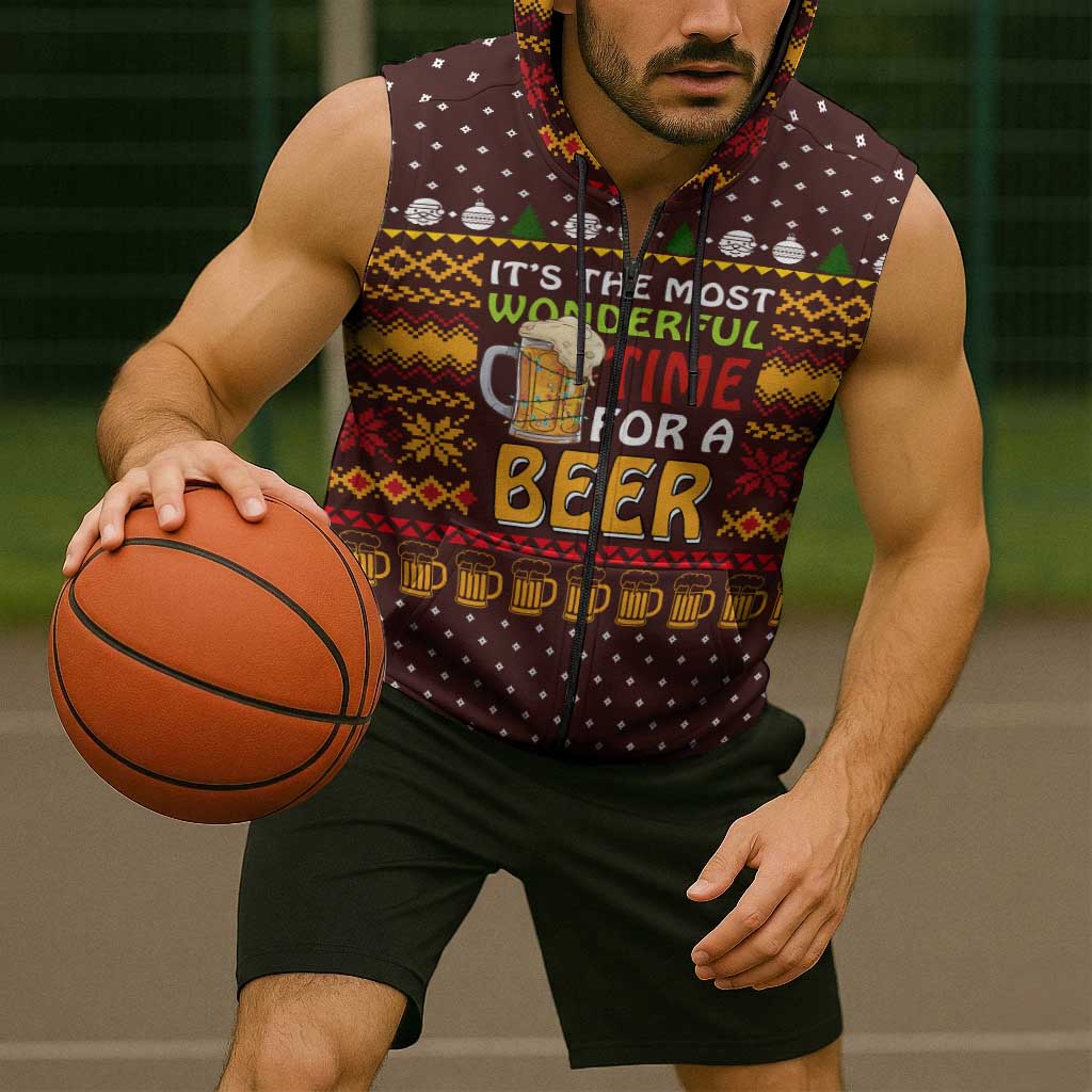 Christmas Its The Most Wonderful Time For A Beer Sleeveless Zip Hoodie Xmas Holiday Patterns - Wonder Print Shop