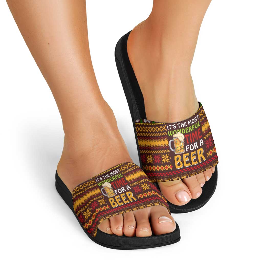 Christmas Its The Most Wonderful Time For A Beer Slide Sandals Xmas Holiday Patterns - Wonder Print Shop