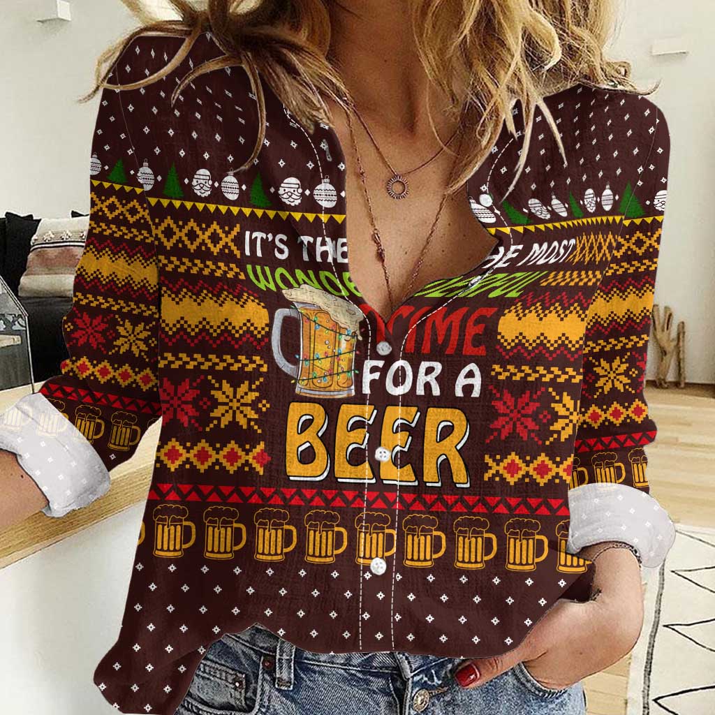 Christmas Its The Most Wonderful Time For A Beer Women Casual Shirt Xmas Holiday Patterns - Wonder Print Shop