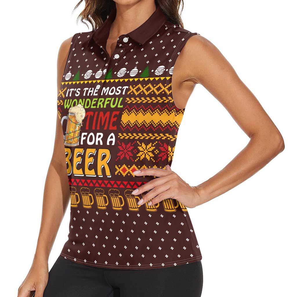 Christmas Its The Most Wonderful Time For A Beer Women Sleeveless Polo Shirt Xmas Holiday Patterns - Wonder Print Shop
