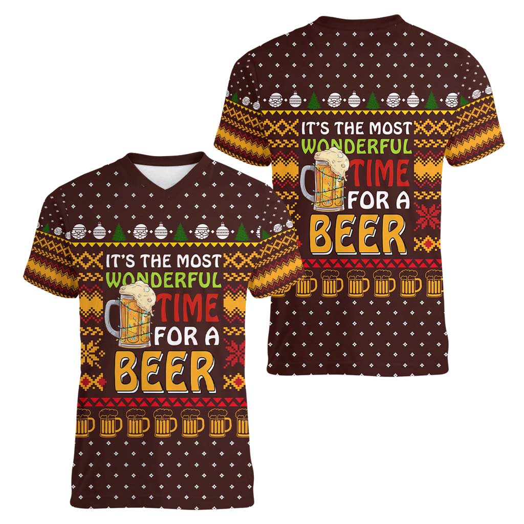 Christmas Its The Most Wonderful Time For A Beer Women V-Neck T-Shirt Xmas Holiday Patterns - Wonder Print Shop