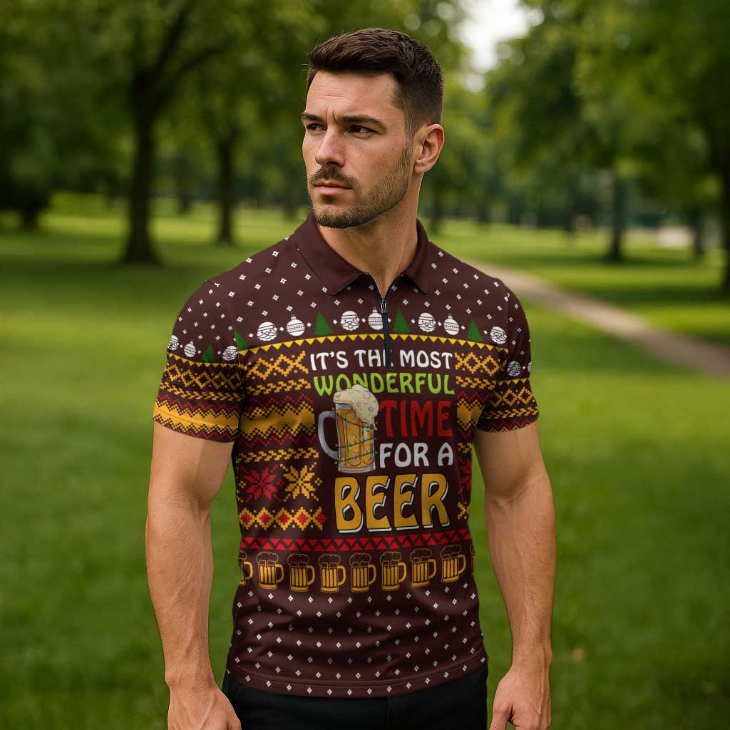 Christmas Its The Most Wonderful Time For A Beer Zipper Polo Shirt Xmas Holiday Patterns - Wonder Print Shop