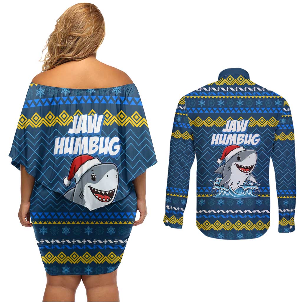 Christmas Jaw Humbug Couples Matching Off Shoulder Short Dress and Long Sleeve Button Shirt Xmas Holiday Patterns - Wonder Print Shop