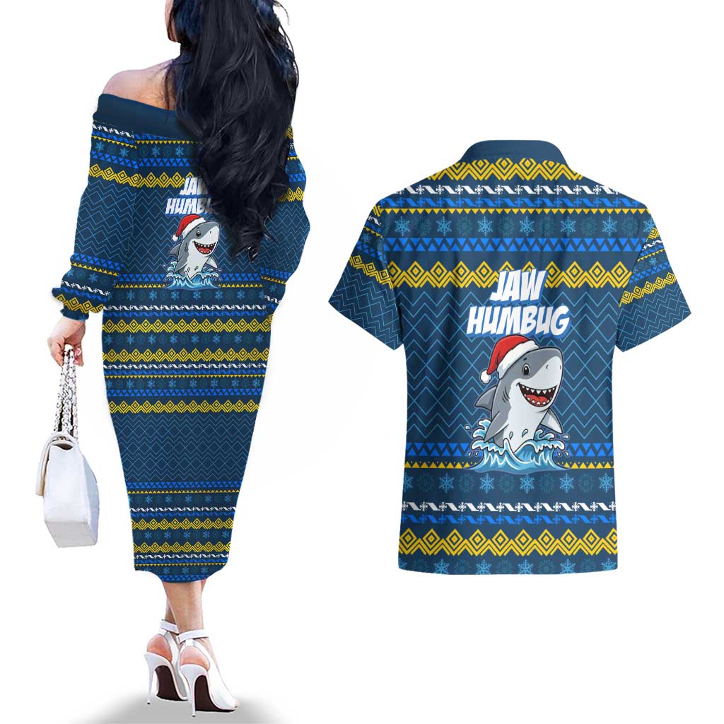 Christmas Jaw Humbug Couples Matching Off The Shoulder Long Sleeve Dress and Hawaiian Shirt Xmas Holiday Patterns - Wonder Print Shop