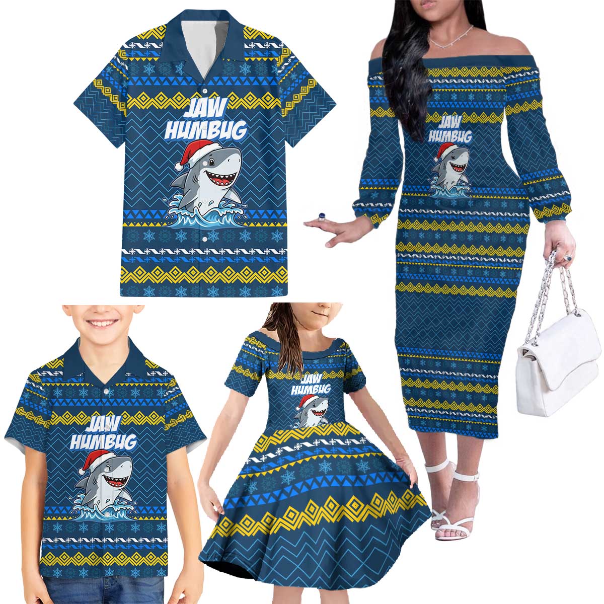 Christmas Jaw Humbug Family Matching Off The Shoulder Long Sleeve Dress and Hawaiian Shirt Xmas Holiday Patterns - Wonder Print Shop