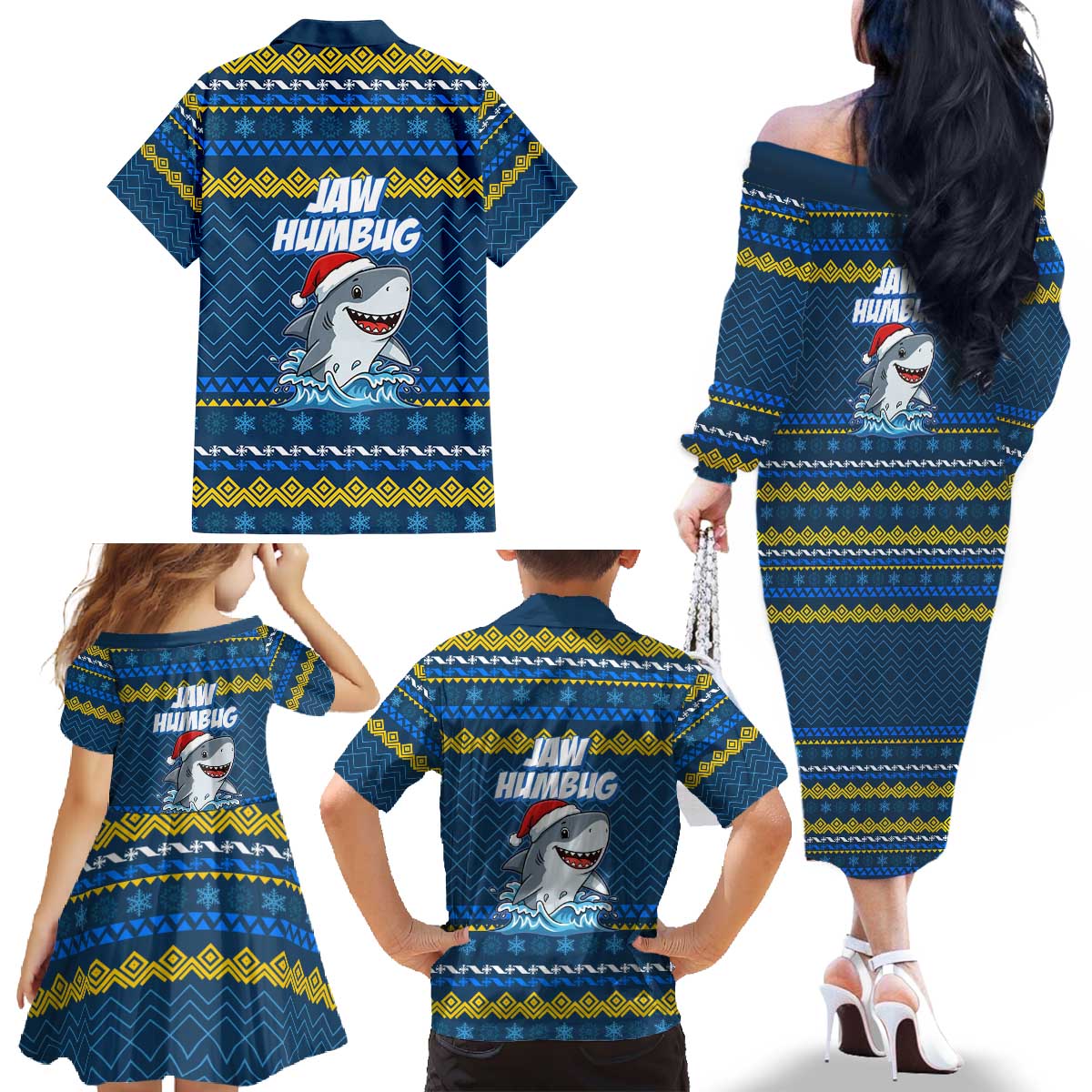 Christmas Jaw Humbug Family Matching Off The Shoulder Long Sleeve Dress and Hawaiian Shirt Xmas Holiday Patterns - Wonder Print Shop