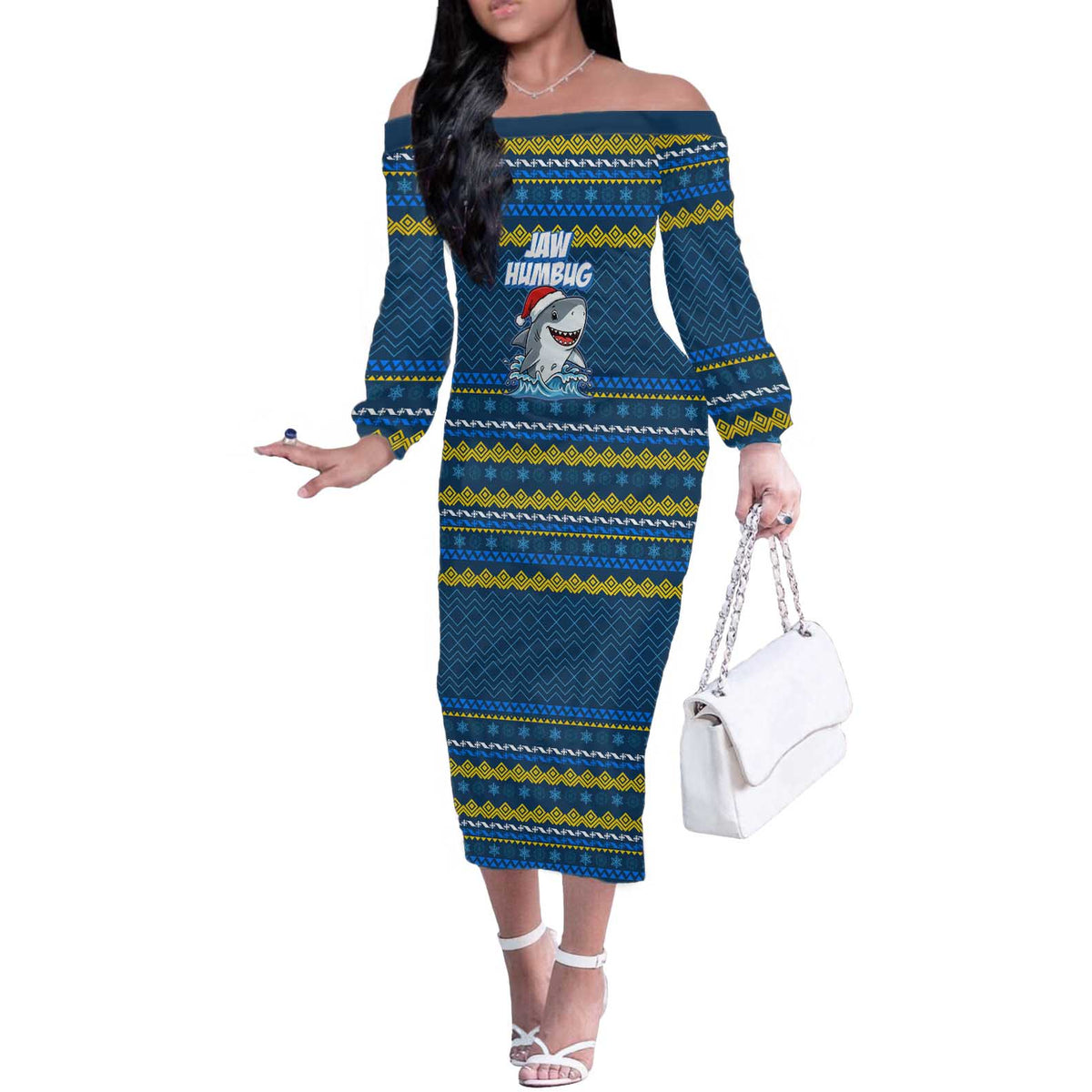 Christmas Jaw Humbug Off The Shoulder Long Sleeve Dress Xmas Holiday Patterns - Wonder Print Shop