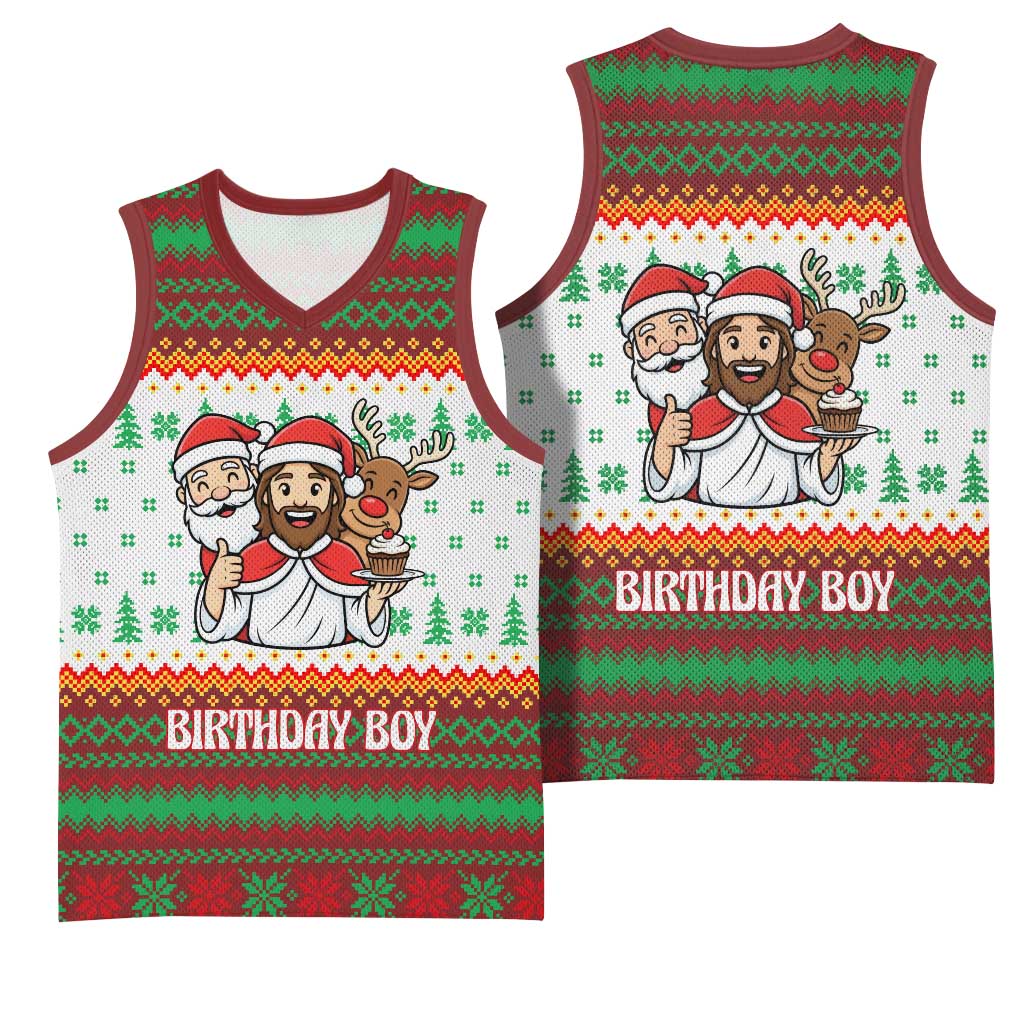 Christmas Jesus Birthday Boy Basketball Jersey Xmas Holiday Patterns - Wonder Print Shop