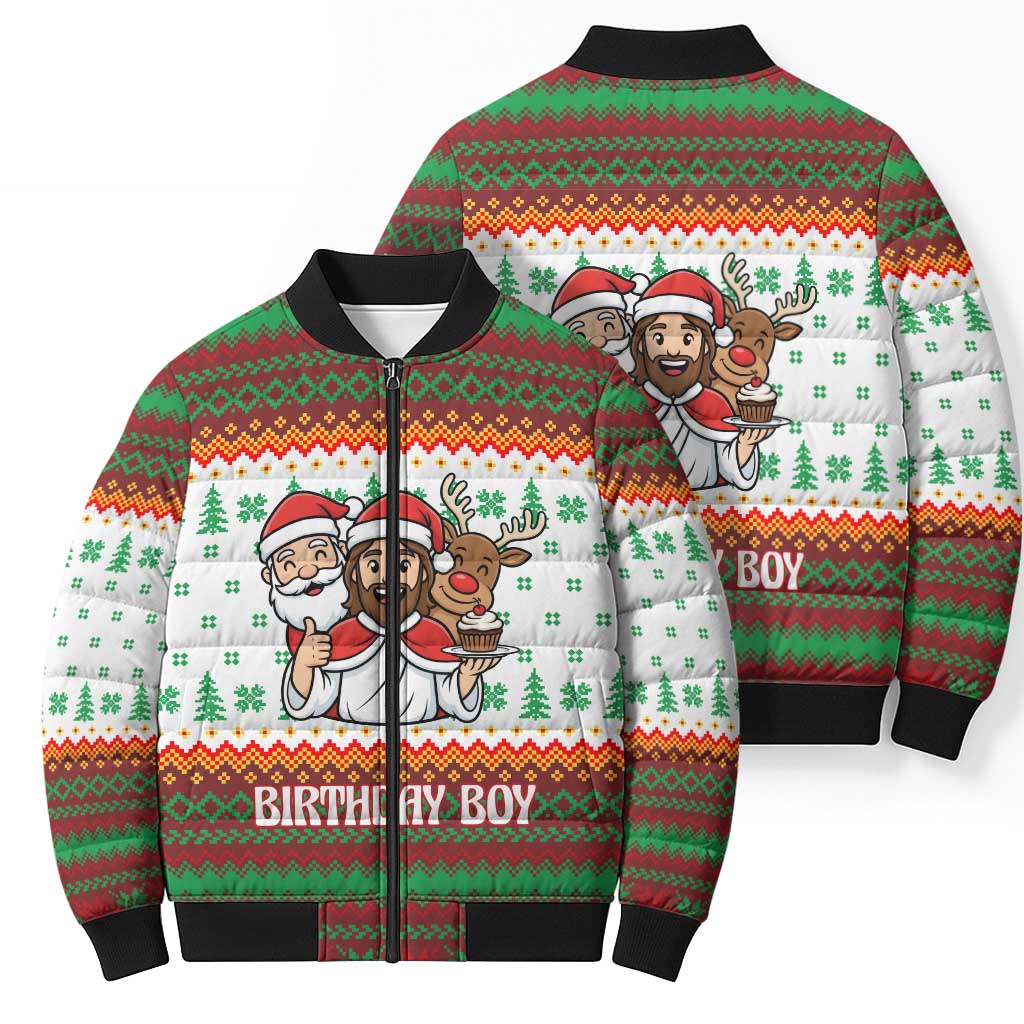 Christmas Jesus Birthday Boy Bomber Puffer Jacket Xmas Holiday Patterns - Wonder Print Shop