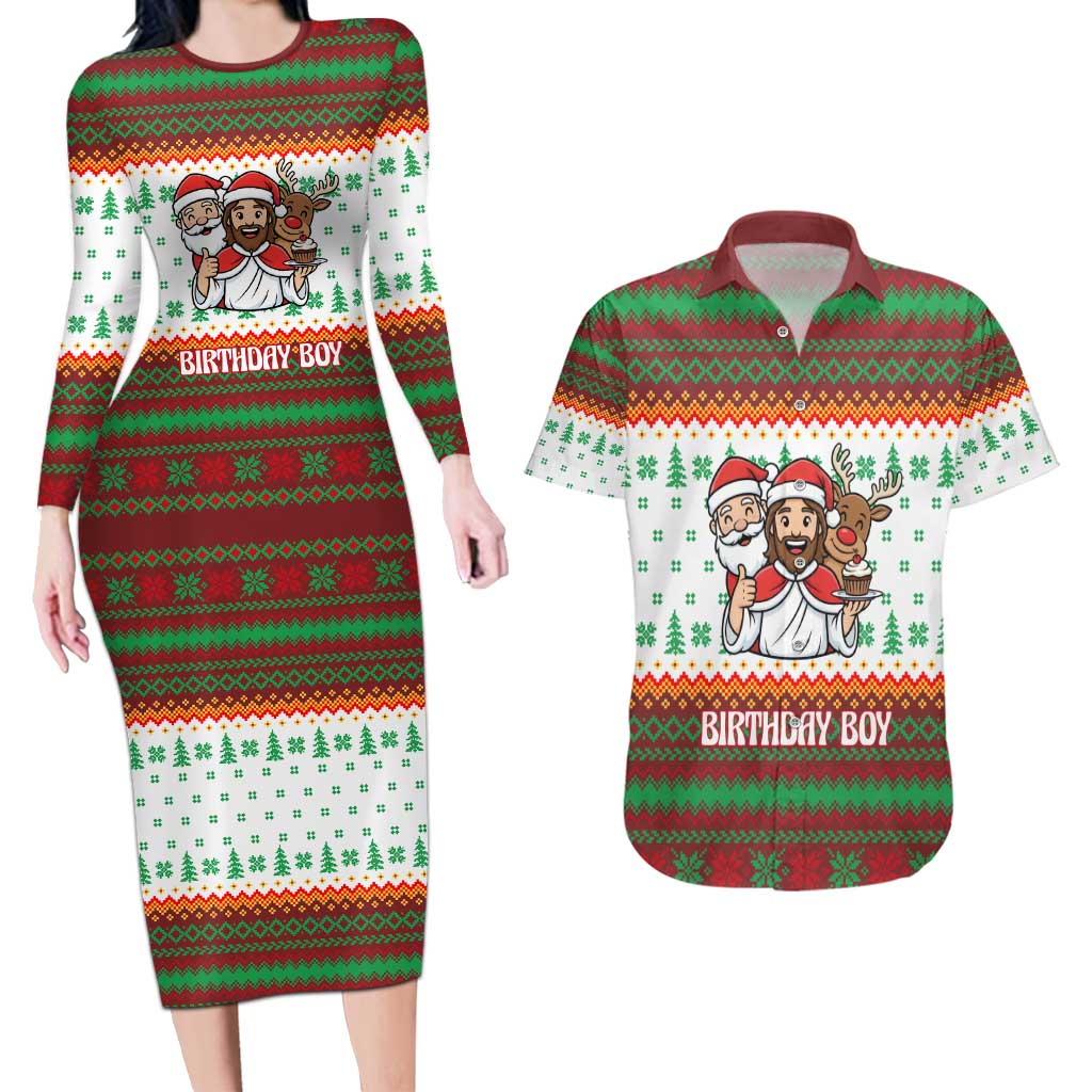 Christmas Jesus Birthday Boy Couples Matching Long Sleeve Bodycon Dress and Hawaiian Shirt Xmas Holiday Patterns - Wonder Print Shop