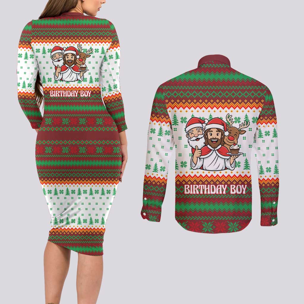 Christmas Jesus Birthday Boy Couples Matching Long Sleeve Bodycon Dress and Long Sleeve Button Shirt Xmas Holiday Patterns - Wonder Print Shop
