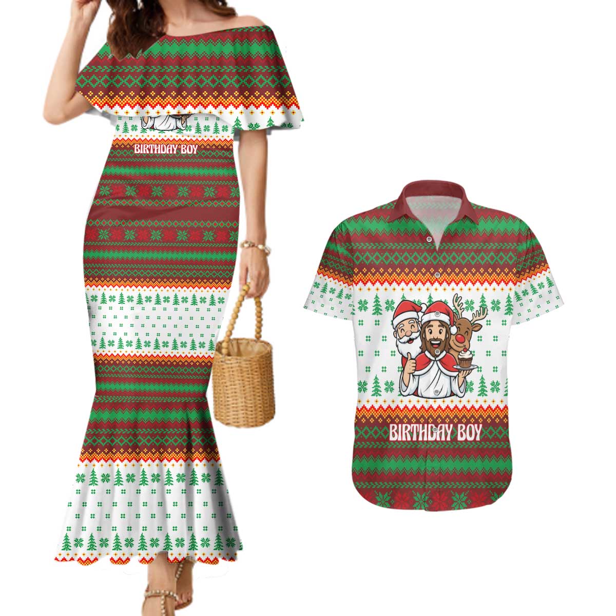Christmas Jesus Birthday Boy Couples Matching Mermaid Dress and Hawaiian Shirt Xmas Holiday Patterns - Wonder Print Shop